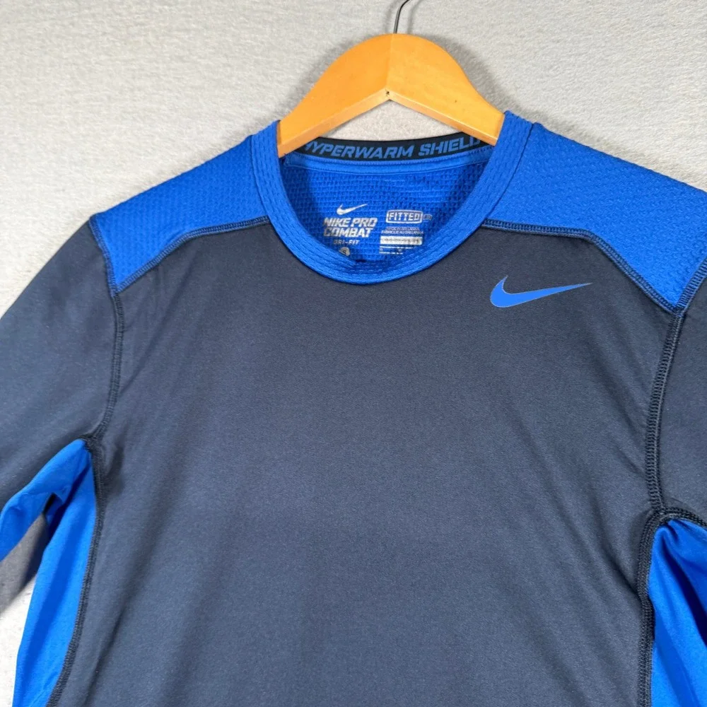 Nike Pro Combat Hyperwarm Shield Men Blue Navy Dri-Fit Training Top Small 635270